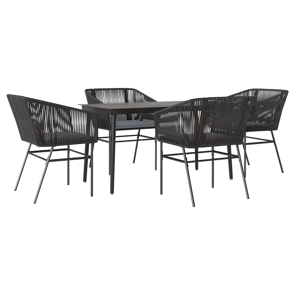 5 Piece Garden Dining Set with Cushions Black Poly Rattan Glass