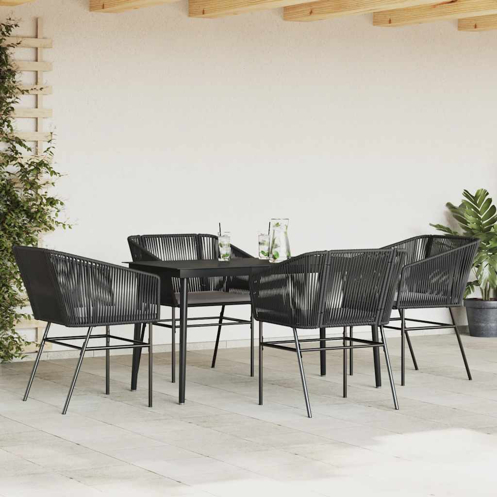 5 Piece Garden Dining Set with Cushions Black Poly Rattan Glass