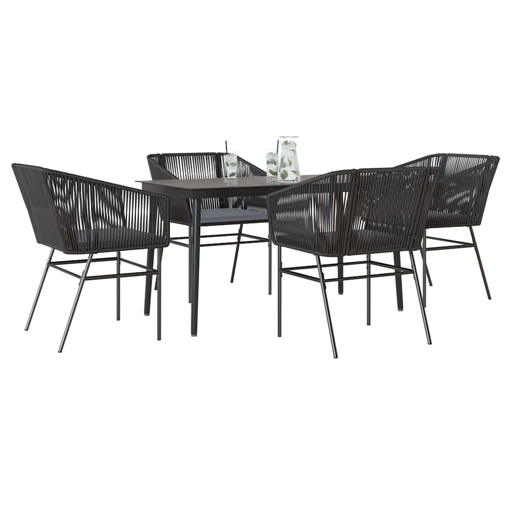 5 Piece Garden Dining Set with Cushions Black Poly Rattan Glass