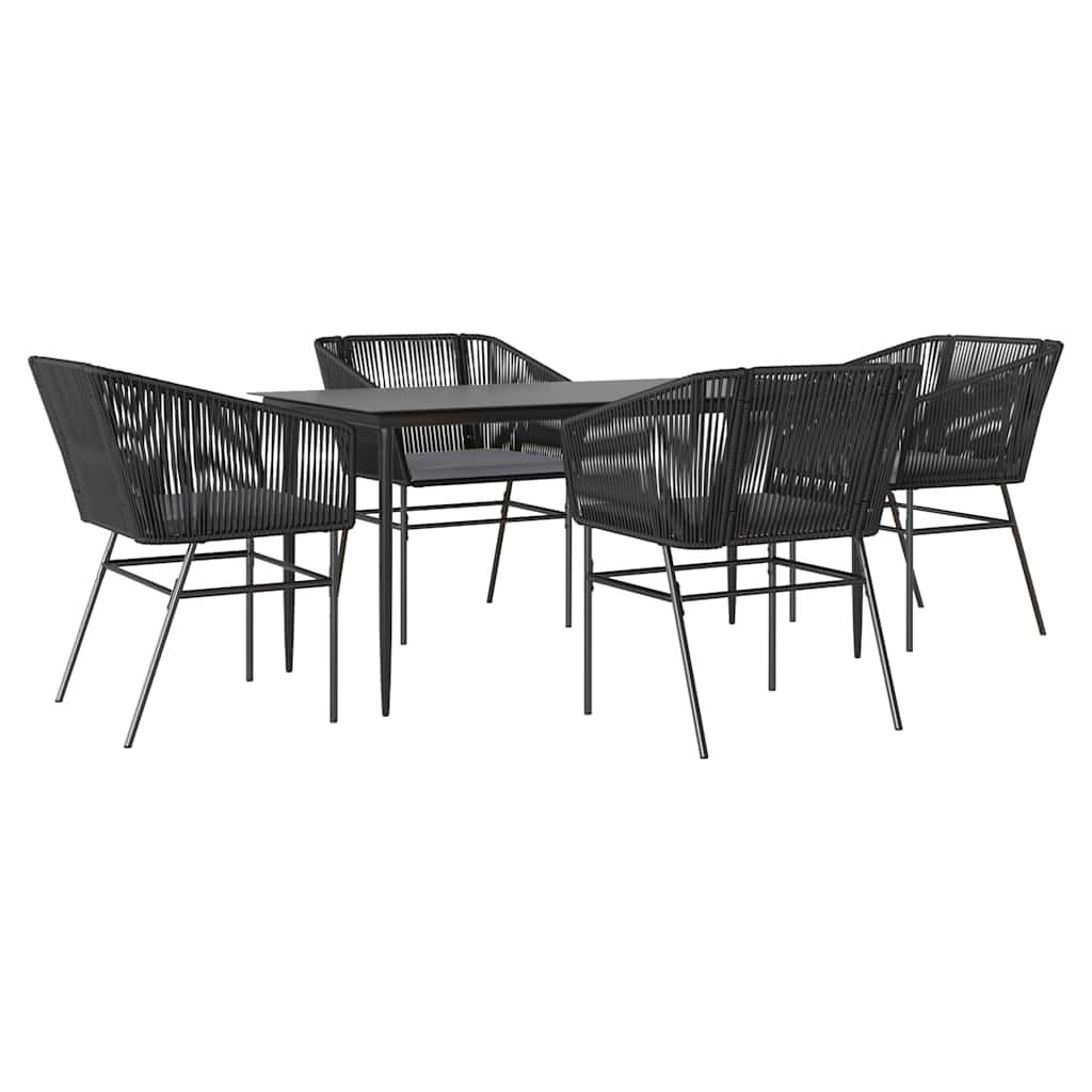 5 Piece Garden Dining Set with Cushions Black Poly Rattan Glass
