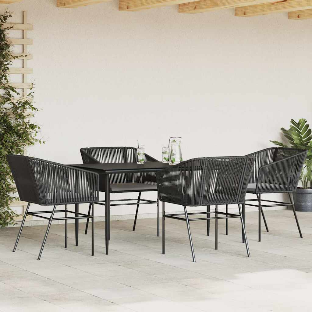 5 Piece Garden Dining Set with Cushions Black Poly Rattan Glass
