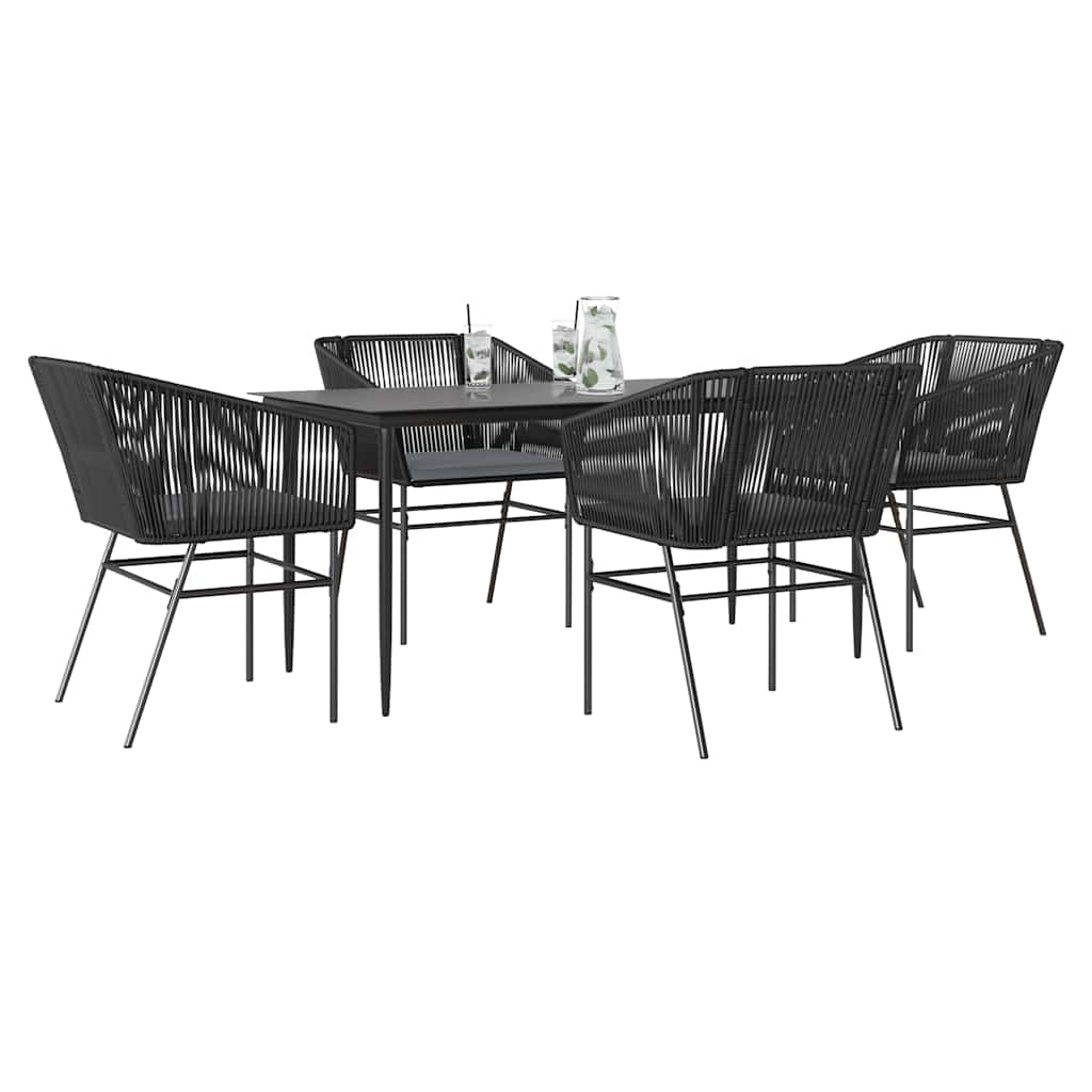 5 Piece Garden Dining Set with Cushions Black Poly Rattan Glass