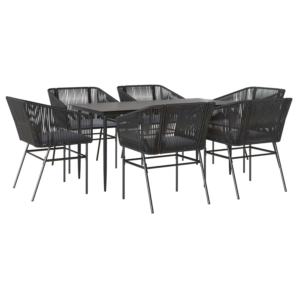 7 Piece Garden Dining Set with Cushions Black Poly Rattan Glass