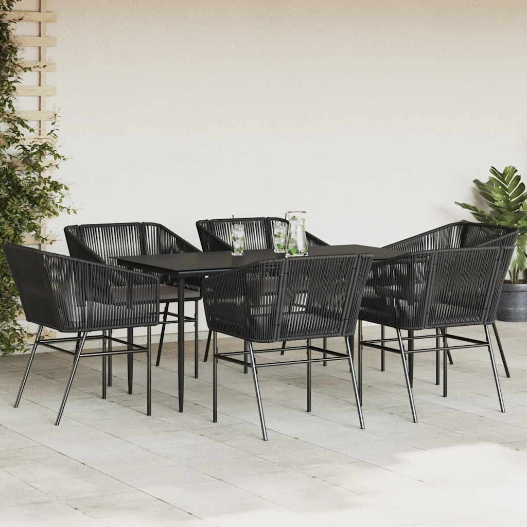 7 Piece Garden Dining Set with Cushions Black Poly Rattan Glass