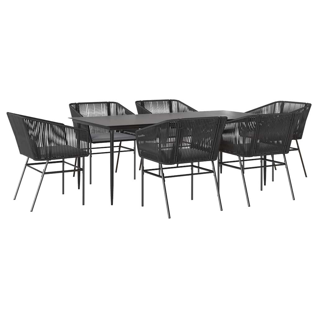 7 Piece Garden Dining Set with Cushions Black Poly Rattan Glass