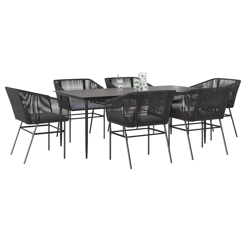 7 Piece Garden Dining Set with Cushions Black Poly Rattan Glass