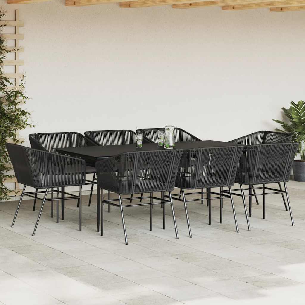 9 Piece Garden Dining Set with Cushions Black Poly Rattan Glass