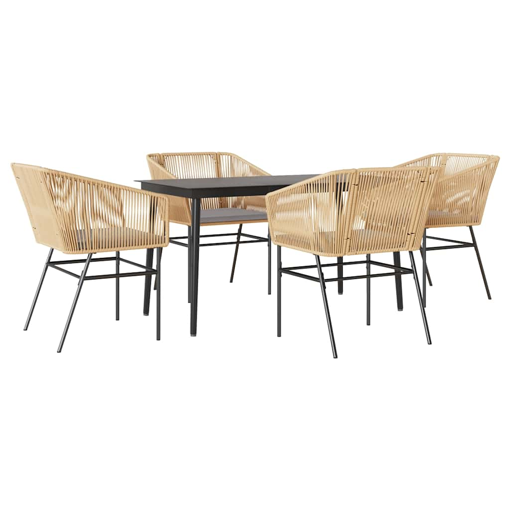 5 Piece Garden Dining Set with Cushions Brown Poly Rattan Glass