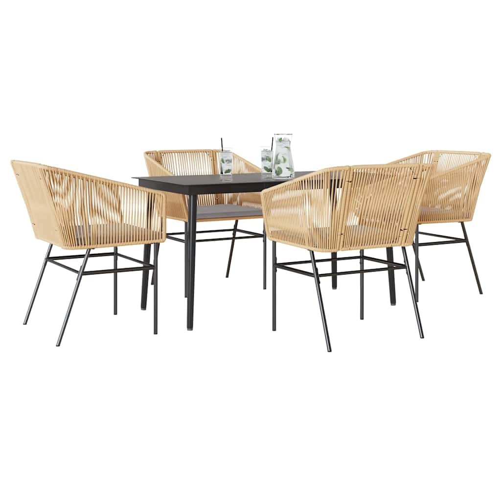 5 Piece Garden Dining Set with Cushions Brown Poly Rattan Glass