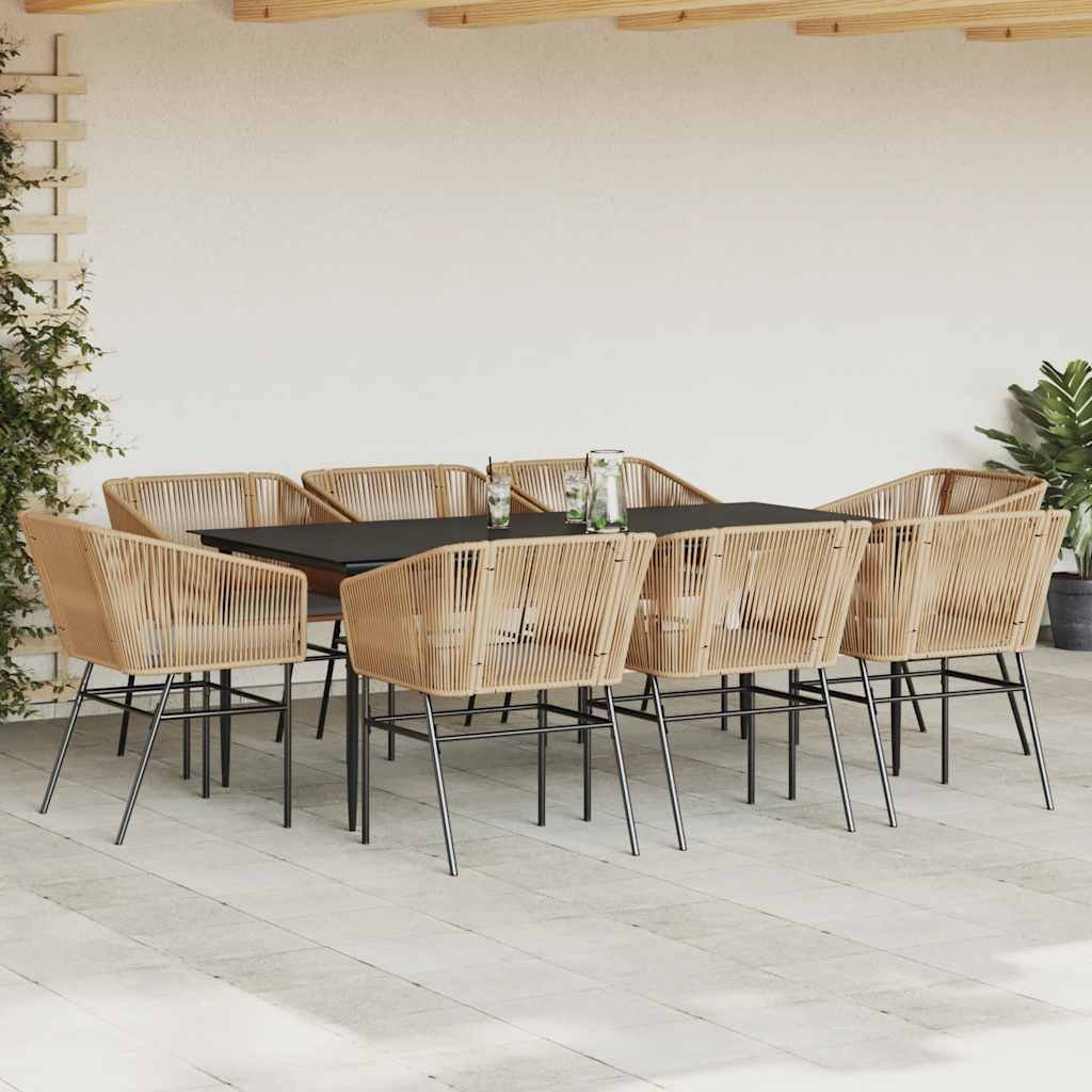 9 Piece Garden Dining Set with Cushions Brown Poly Rattan Glass