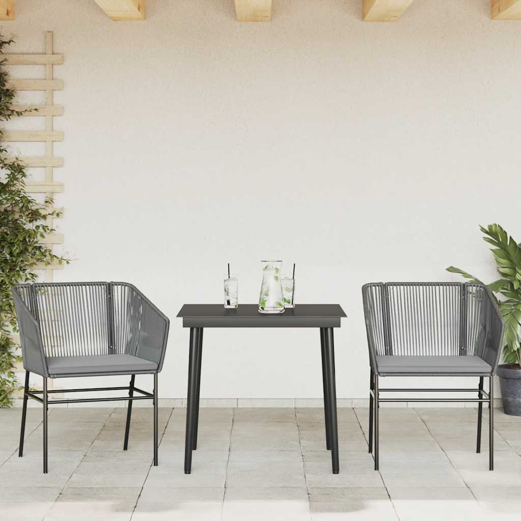 3 Piece Garden Dining Set with Cushions Grey Poly Rattan Glass