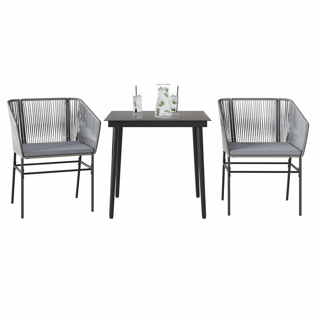 3 Piece Garden Dining Set with Cushions Grey Poly Rattan Glass