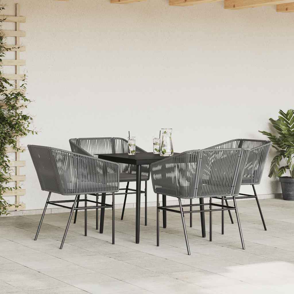 5 Piece Garden Dining Set with Cushions Grey Poly Rattan Glass