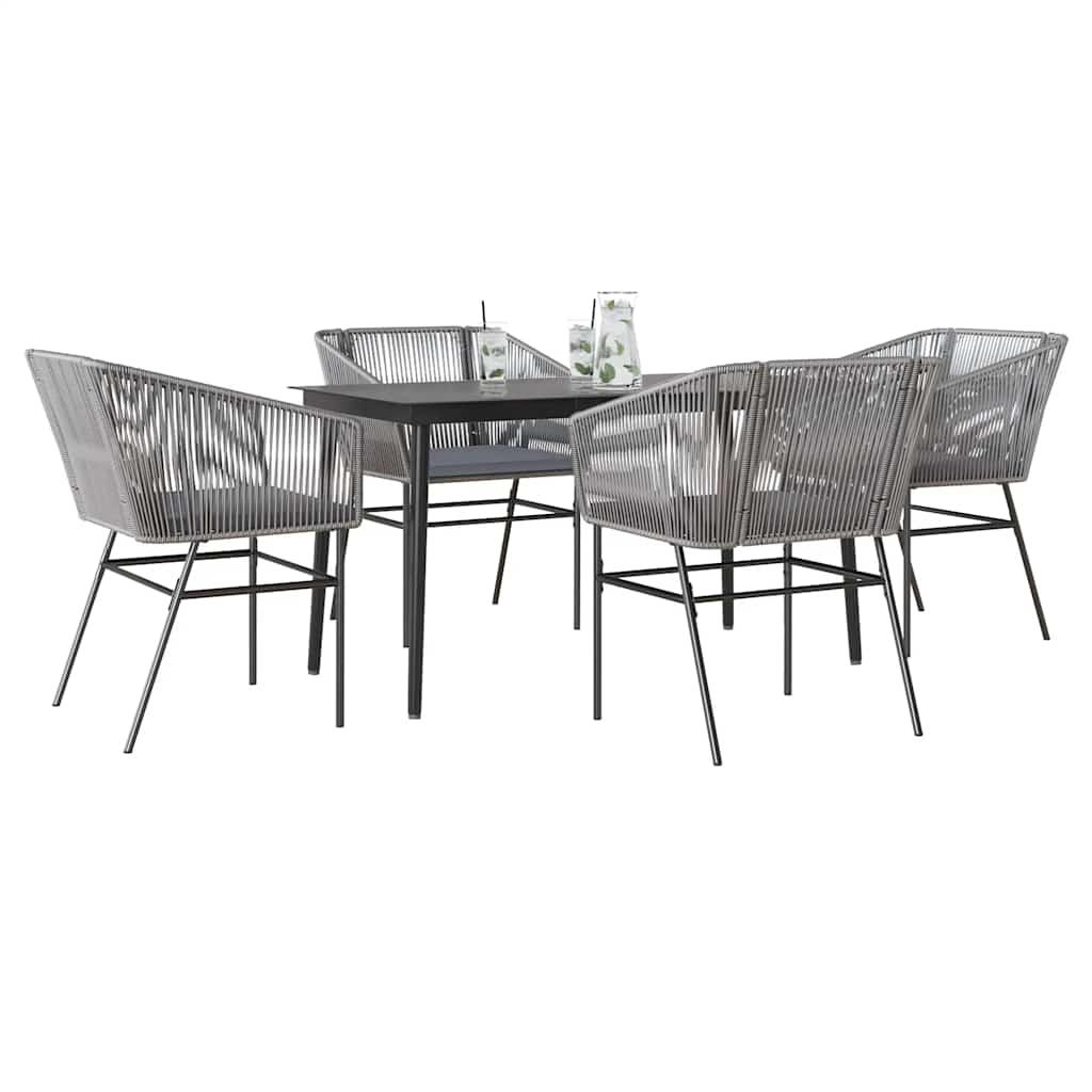 5 Piece Garden Dining Set with Cushions Grey Poly Rattan Glass