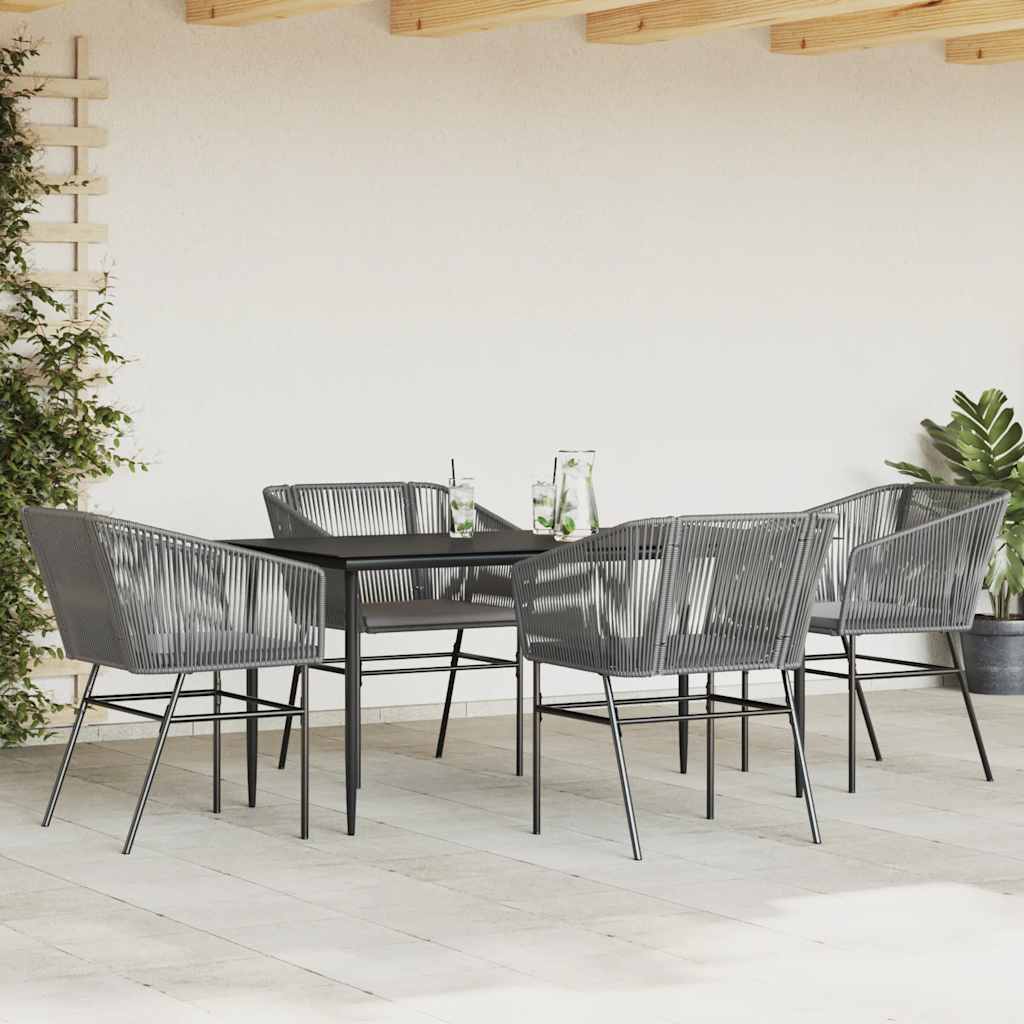 5 Piece Garden Dining Set with Cushions Grey Poly Rattan Glass