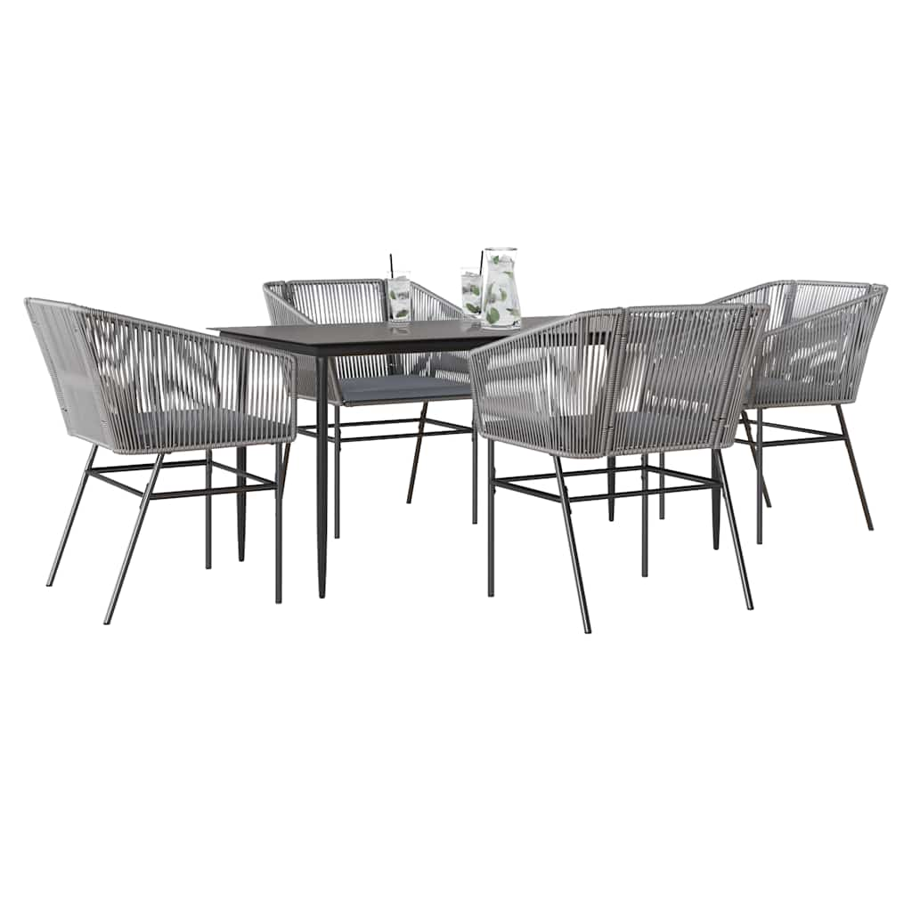 5 Piece Garden Dining Set with Cushions Grey Poly Rattan Glass