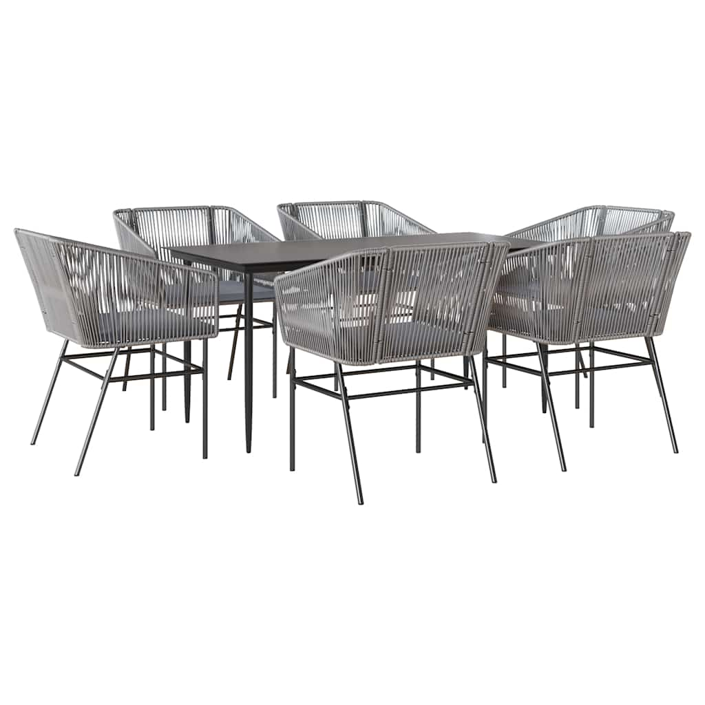 7 Piece Garden Dining Set with Cushions Grey Poly Rattan Glass