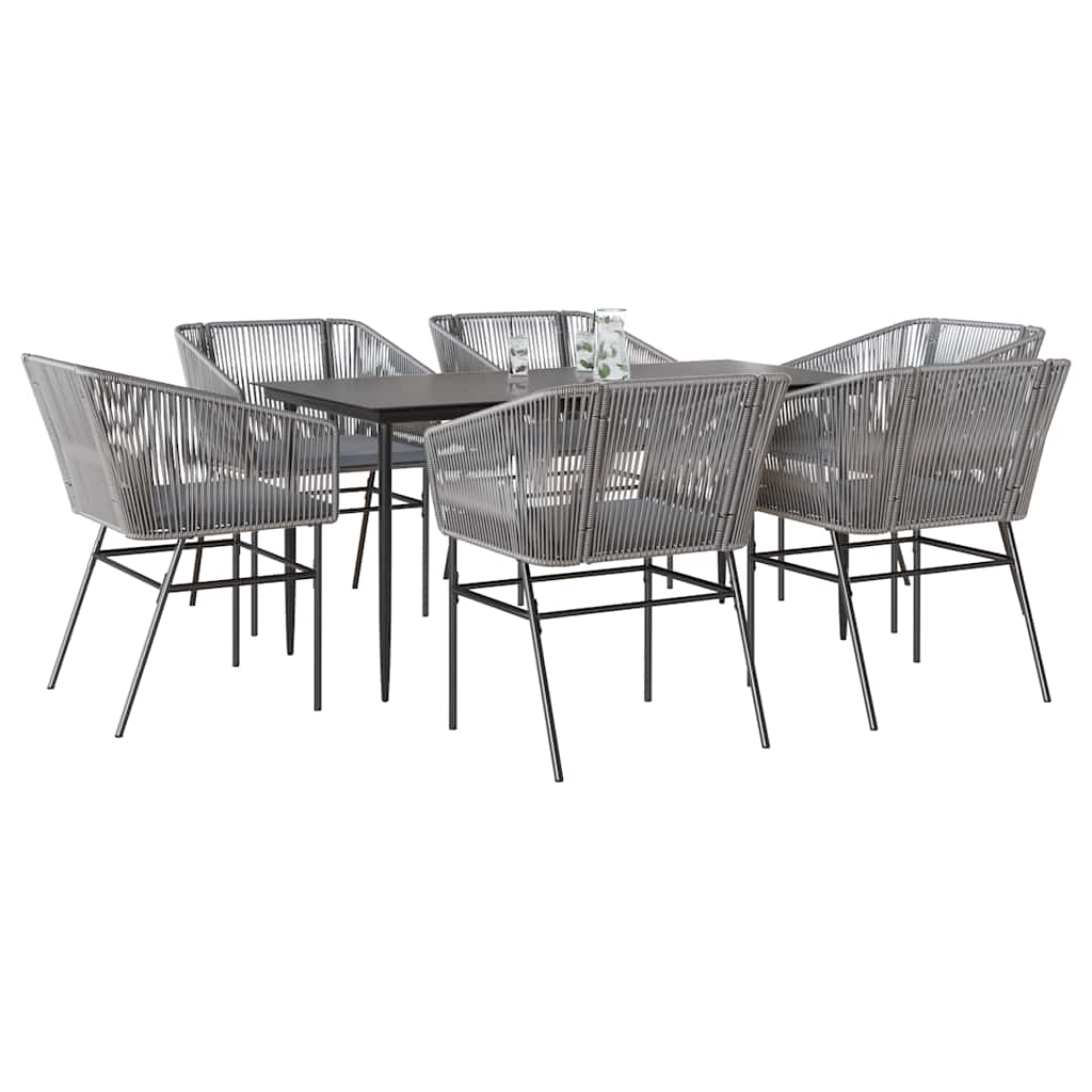 7 Piece Garden Dining Set with Cushions Grey Poly Rattan Glass