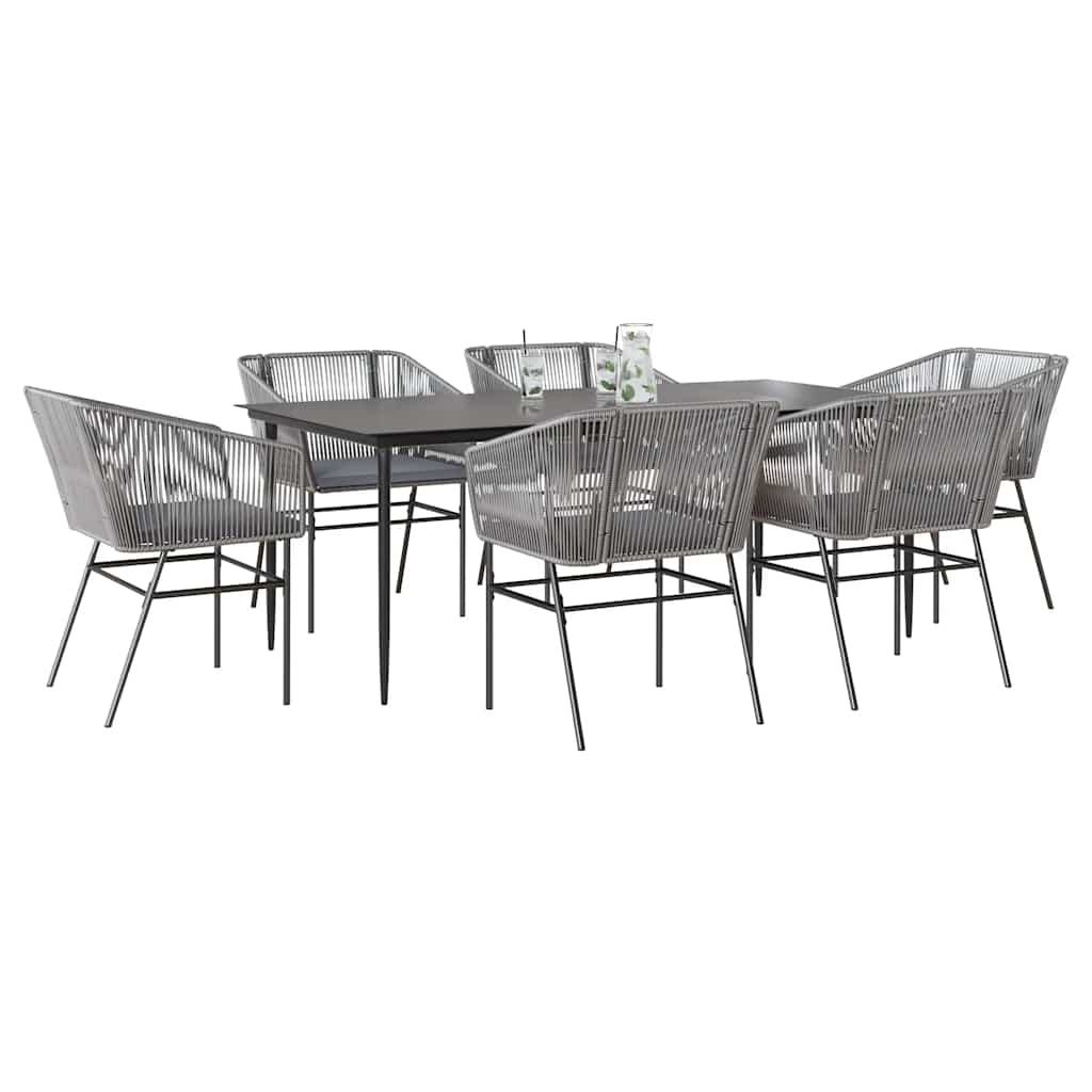 7 Piece Garden Dining Set with Cushions Grey Poly Rattan Glass