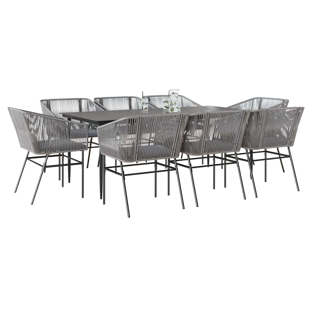 9 Piece Garden Dining Set with Cushions Grey Poly Rattan Glass