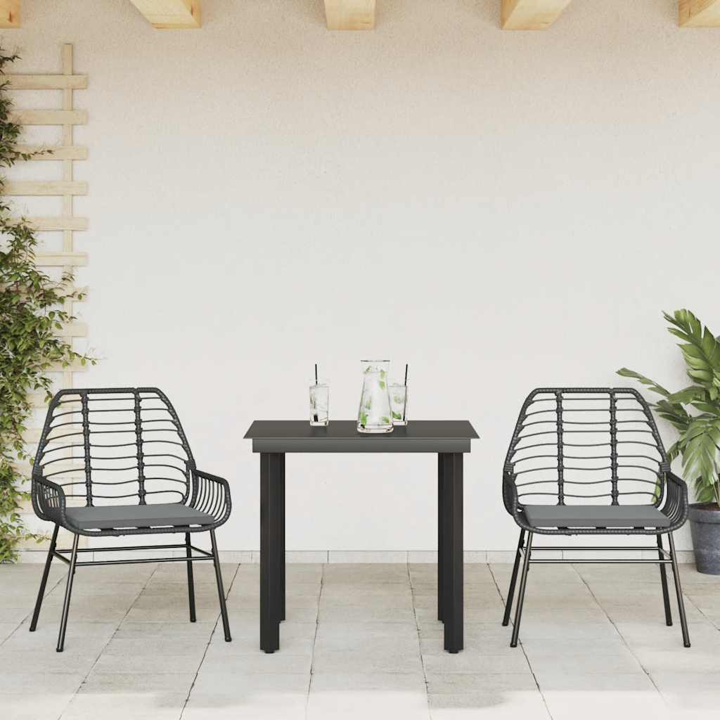 3 Piece Garden Dining Set with Cushions Black Poly Rattan Glass