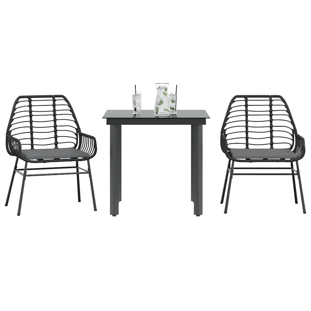 3 Piece Garden Dining Set with Cushions Black Poly Rattan Glass