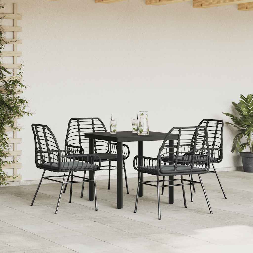 5 Piece Garden Dining Set with Cushions Black Poly Rattan Glass