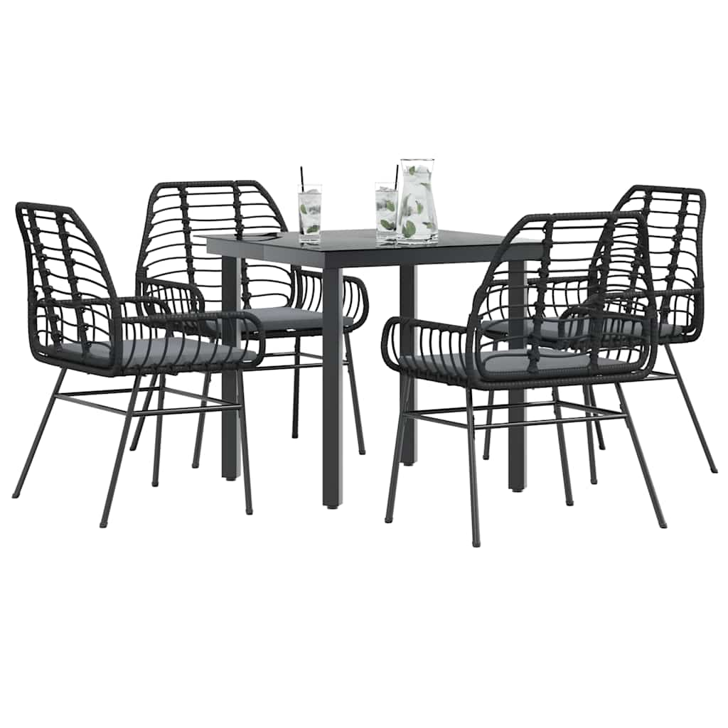 5 Piece Garden Dining Set with Cushions Black Poly Rattan Glass