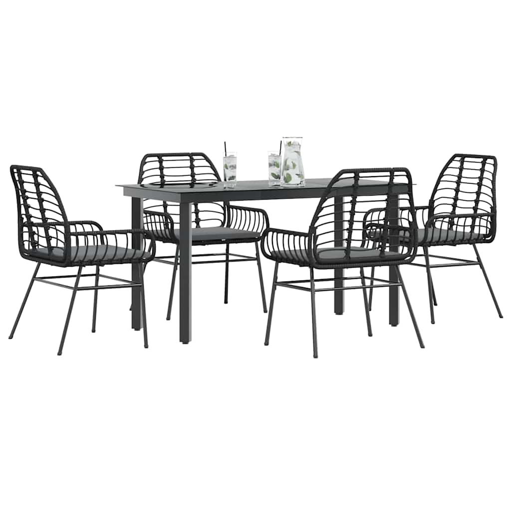 5 Piece Garden Dining Set with Cushions Black Poly Rattan Glass