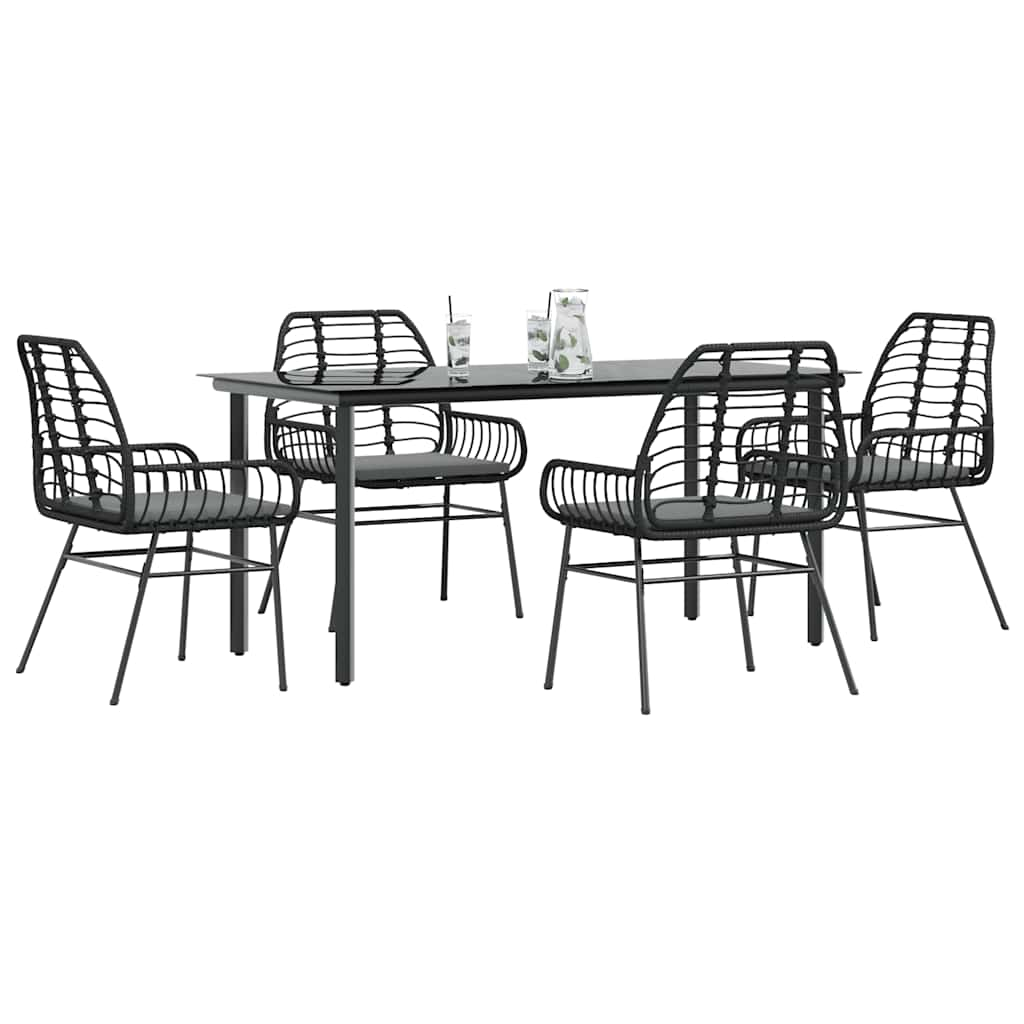 5 Piece Garden Dining Set with Cushions Black Poly Rattan Glass