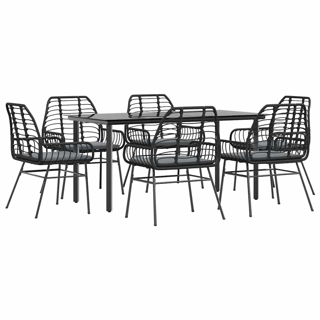 7 Piece Garden Dining Set with Cushions Black Poly Rattan Glass