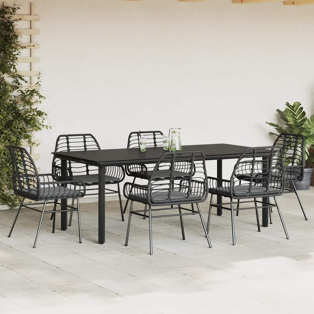 7 Piece Garden Dining Set with Cushions Black Poly Rattan Glass