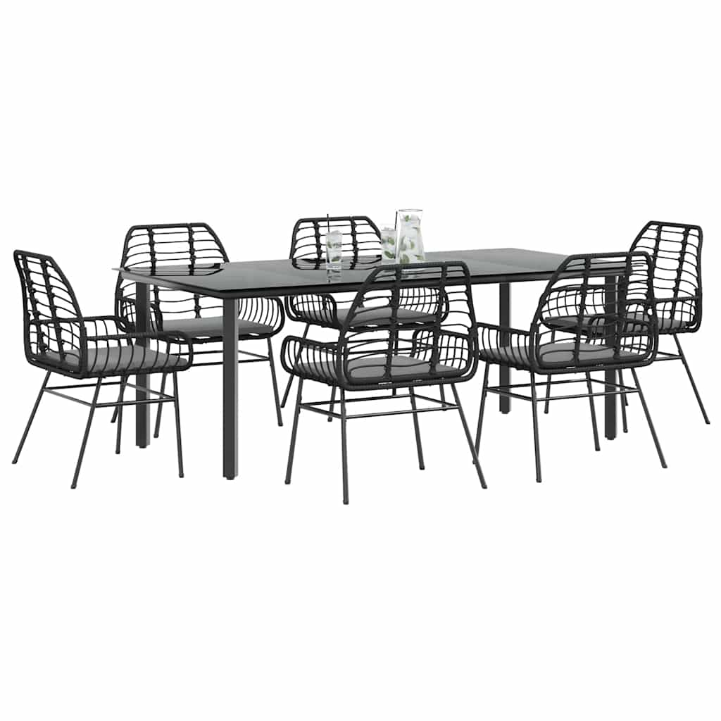 7 Piece Garden Dining Set with Cushions Black Poly Rattan Glass