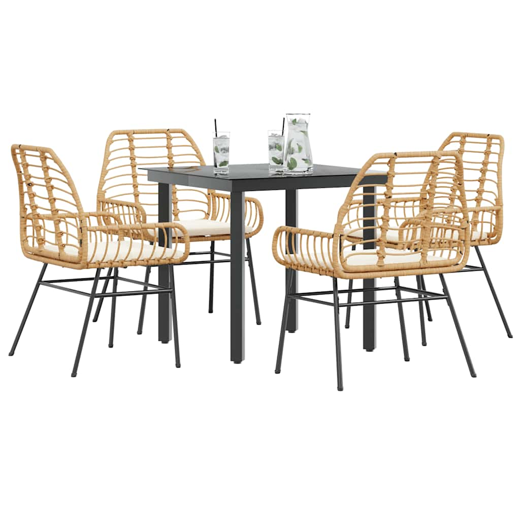 5 Piece Garden Dining Set with Cushions Brown Poly Rattan Glass