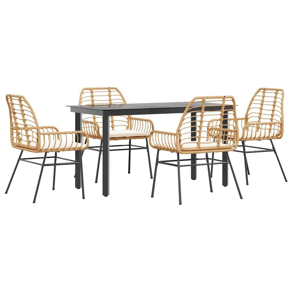 5 Piece Garden Dining Set with Cushions Brown Poly Rattan Glass