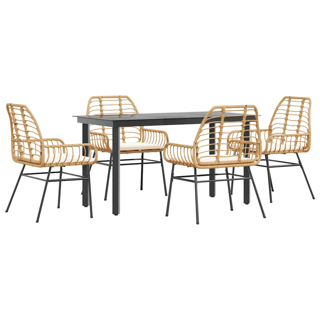 5 Piece Garden Dining Set with Cushions Brown Poly Rattan Glass