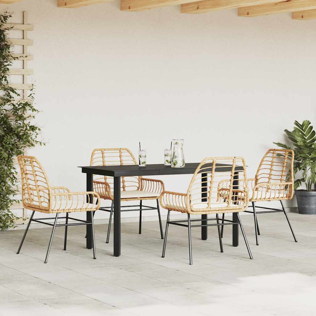 5 Piece Garden Dining Set with Cushions Brown Poly Rattan Glass