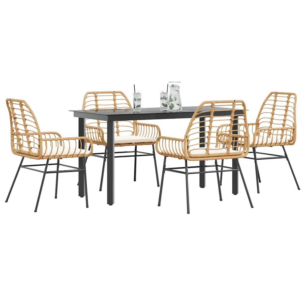 5 Piece Garden Dining Set with Cushions Brown Poly Rattan Glass