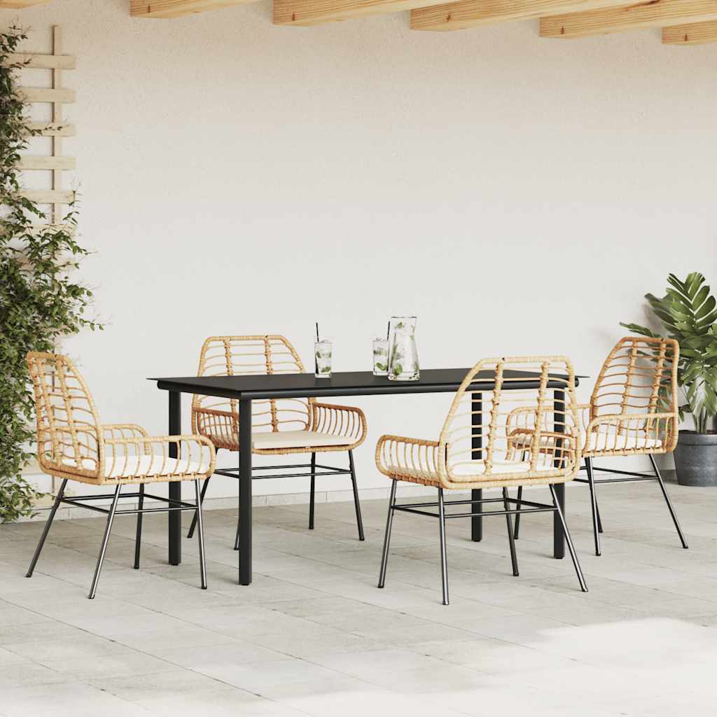 5 Piece Garden Dining Set with Cushions Brown Poly Rattan Glass