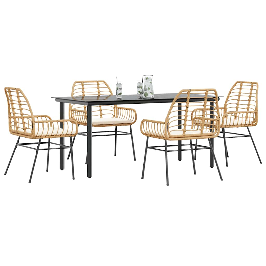 5 Piece Garden Dining Set with Cushions Brown Poly Rattan Glass