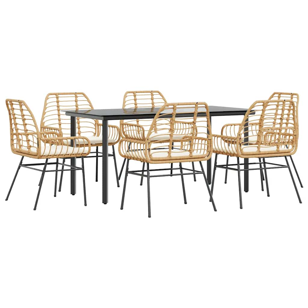 7 Piece Garden Dining Set with Cushions Brown Poly Rattan Glass