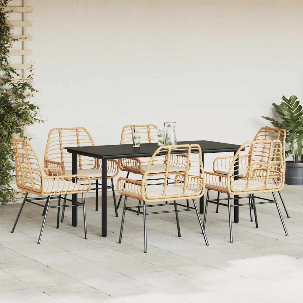 7 Piece Garden Dining Set with Cushions Brown Poly Rattan Glass