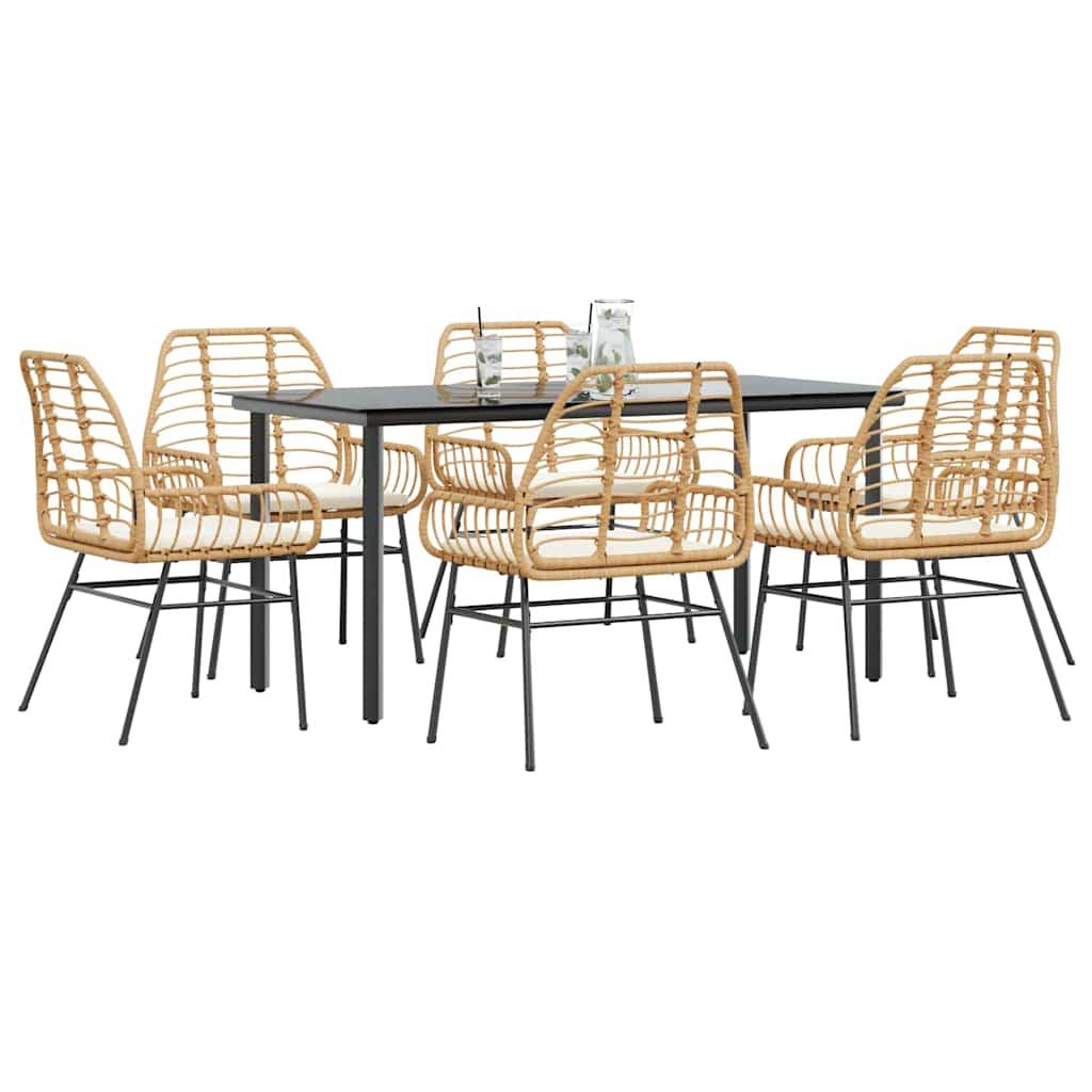 7 Piece Garden Dining Set with Cushions Brown Poly Rattan Glass