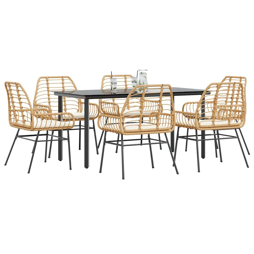 7 Piece Garden Dining Set with Cushions Brown Poly Rattan Glass