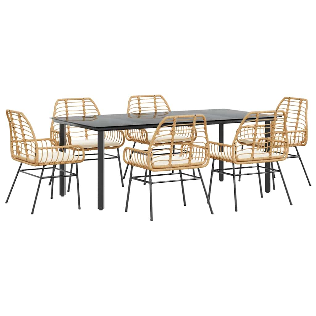 7 Piece Garden Dining Set with Cushions Brown Poly Rattan Glass