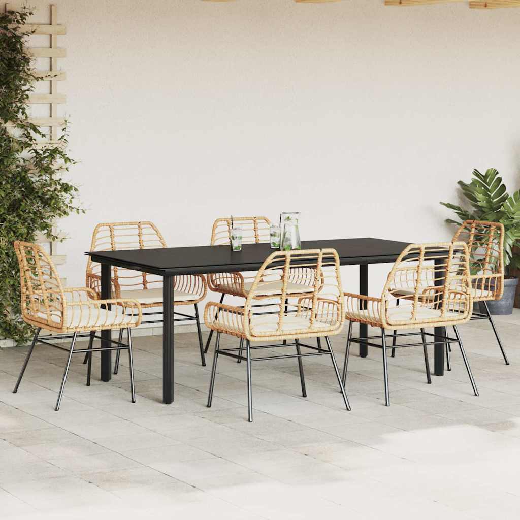 7 Piece Garden Dining Set with Cushions Brown Poly Rattan Glass