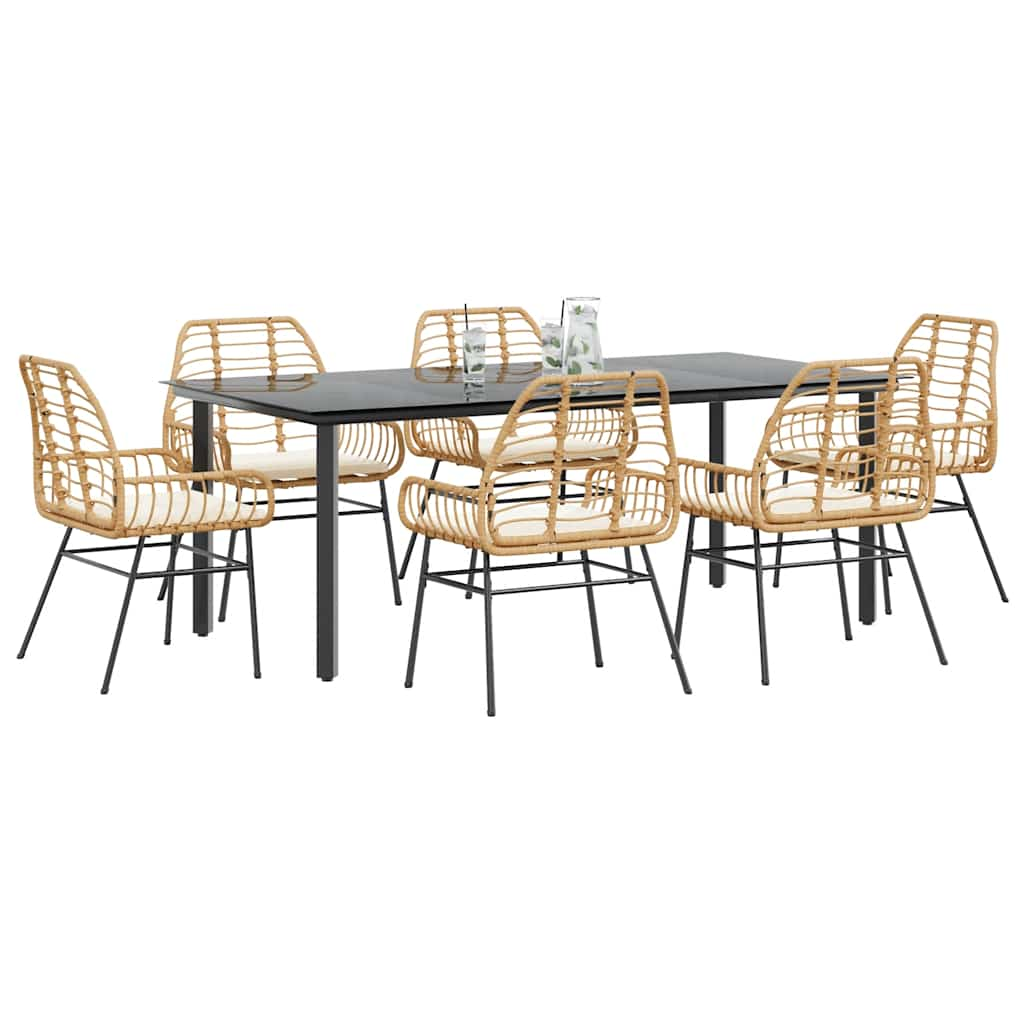 7 Piece Garden Dining Set with Cushions Brown Poly Rattan Glass