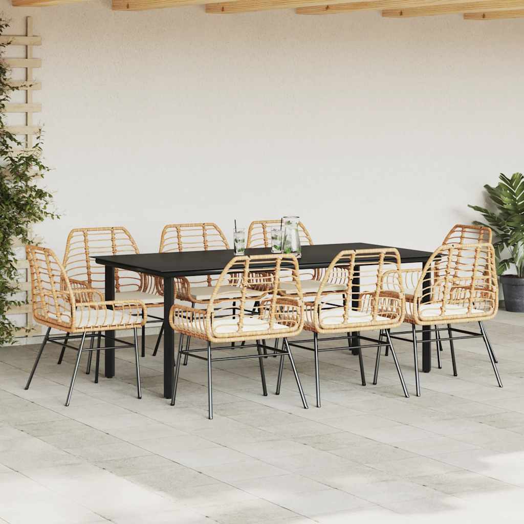 9 Piece Garden Dining Set with Cushions Brown Poly Rattan Glass