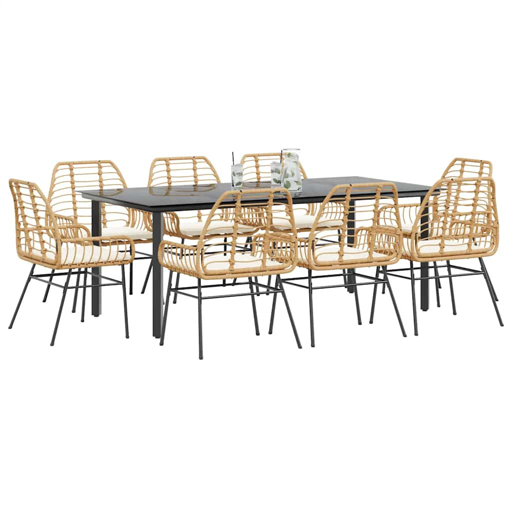 9 Piece Garden Dining Set with Cushions Brown Poly Rattan Glass