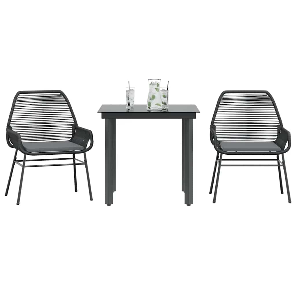 3 Piece Garden Dining Set with Cushions Black Poly Rattan Glass